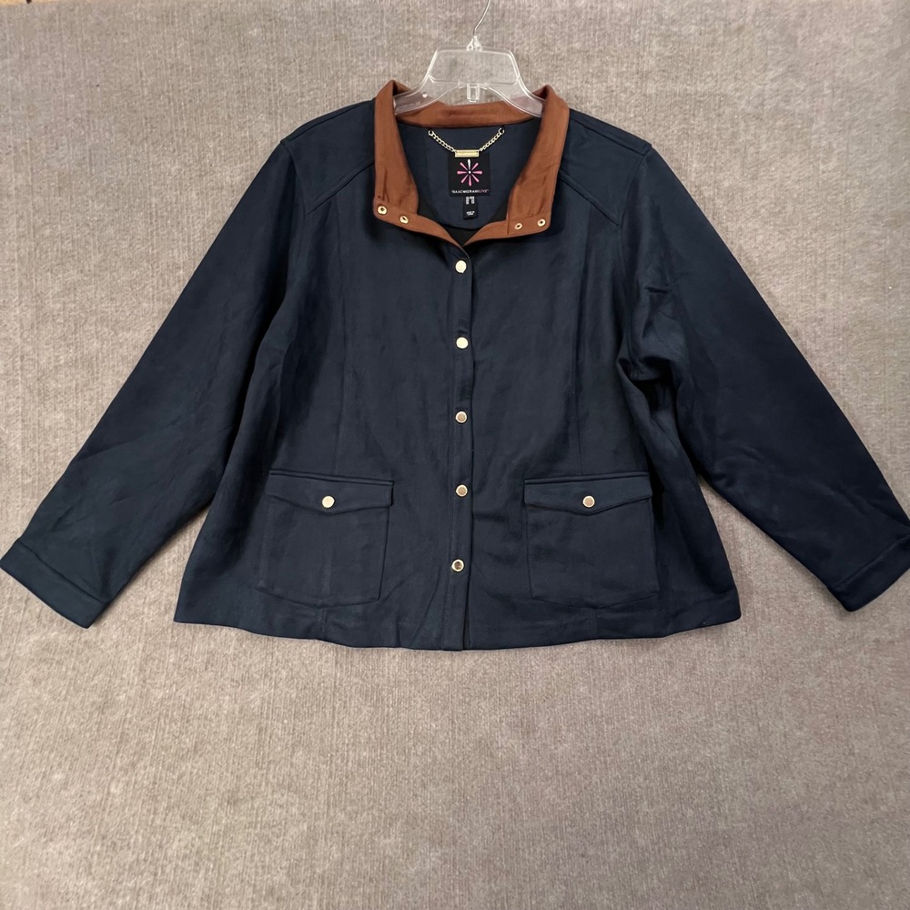 Isaac Mizrahi LIVE! Blue Jacket Brown Trim‎ Gold Button Size 28W Blazer Coat